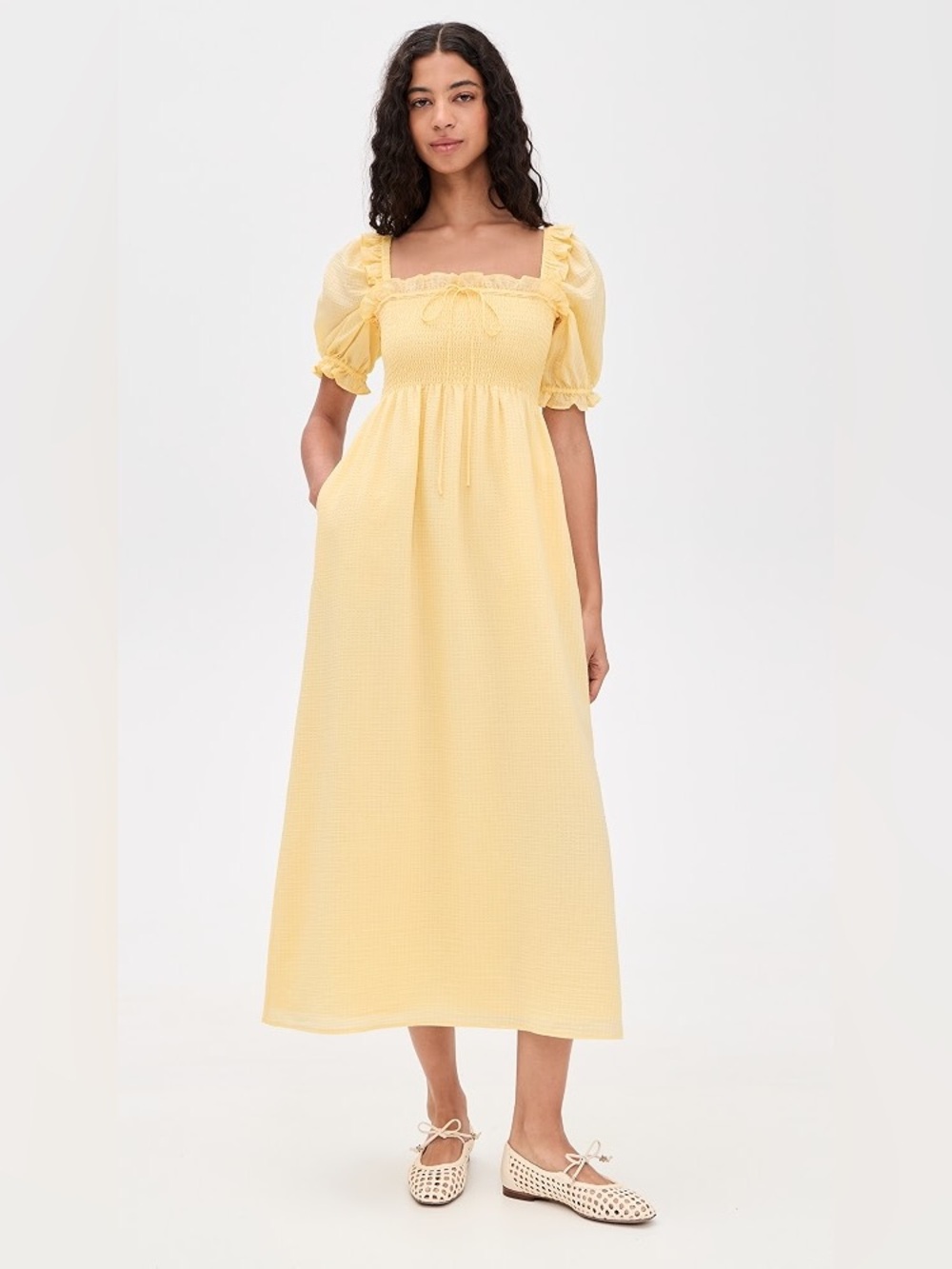 Hill House Butter Yellow Scarlett Midi Nap Dress Puff Sleeve Milkmaid
